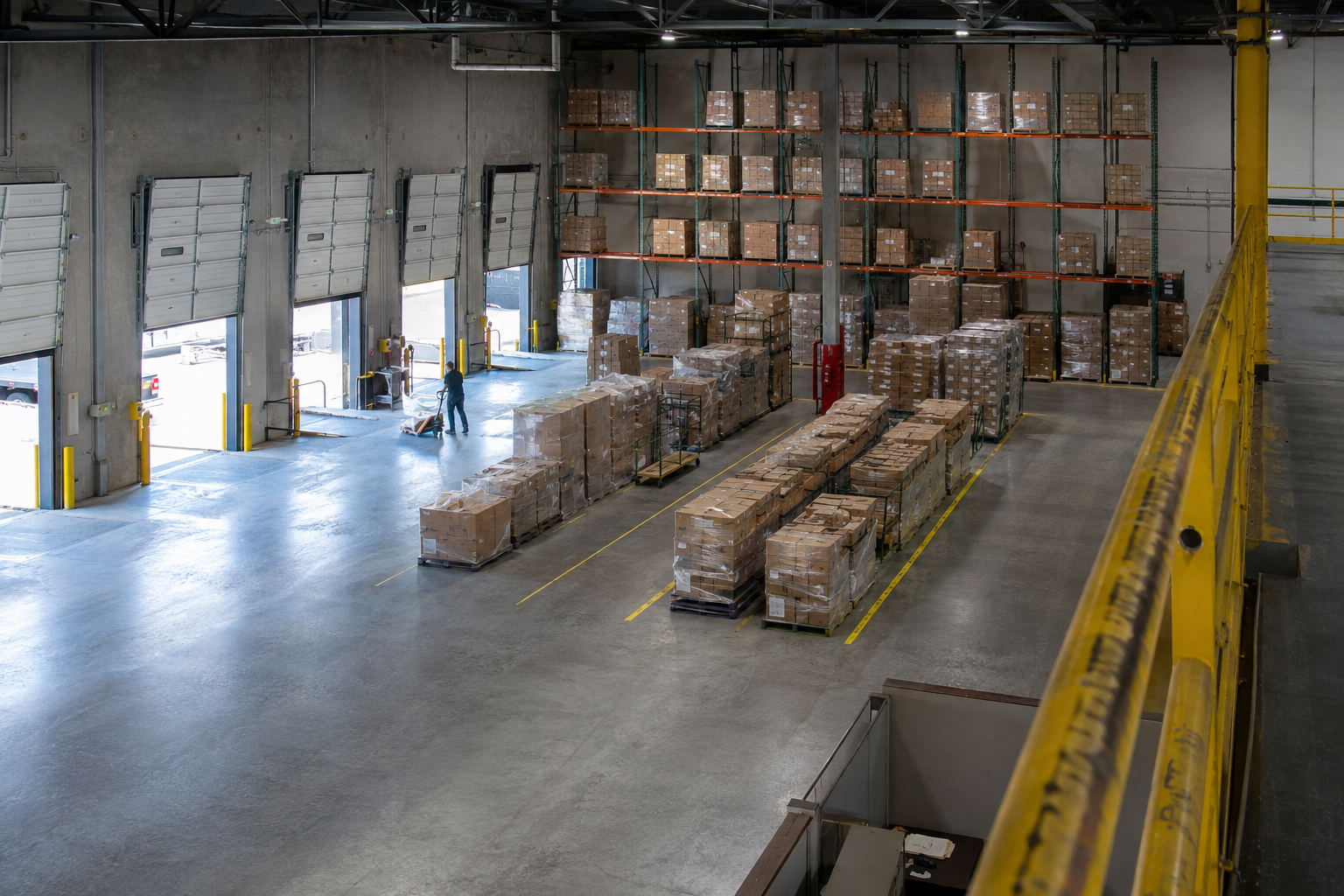 Generic warehouse cross-dock viewed from an elevated angle
